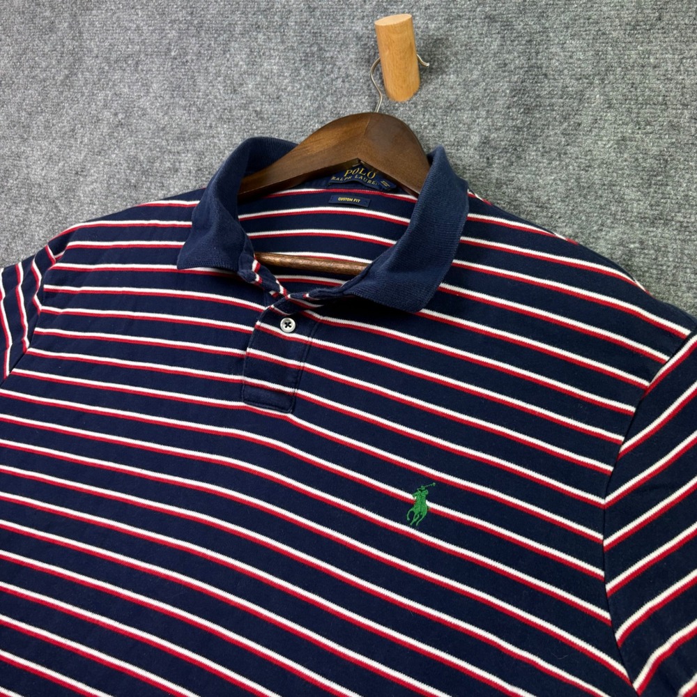 Polo Ralph Lauren Polo Shirt Mens XL Navy Blue Red White Striped Custom Fit Pony